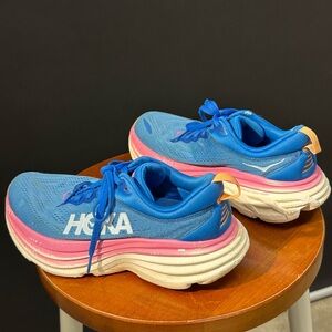 Hoka Women's Bondi 8 running shoe in the "Coastal Sky/All Aboard"